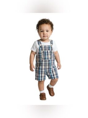 Koala Baby Plaid Blue Gray Cotton Shortall Overalls Baby Toddler Size 12 Mos